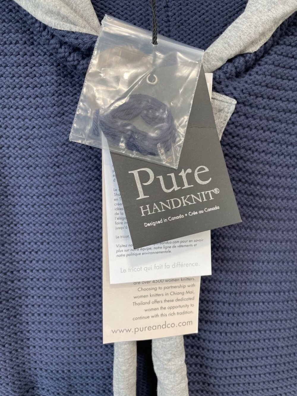 Pure Handknit Hooded Cardigan Jacket Petite Textured Knit Long Sleeve Navy NEW - Picture 4 of 7